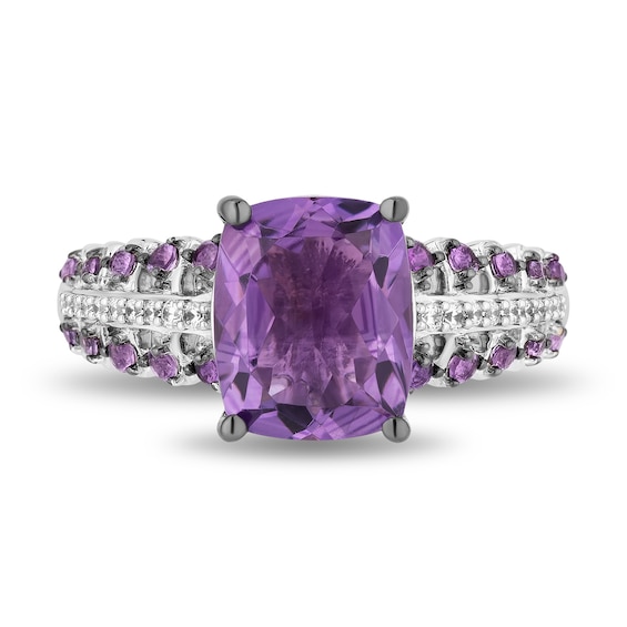 Enchanted Disney Wish Cushion-Cut and Round Amethyst with 0.085 CT. T.W. Diamond Ring in Sterling Silver