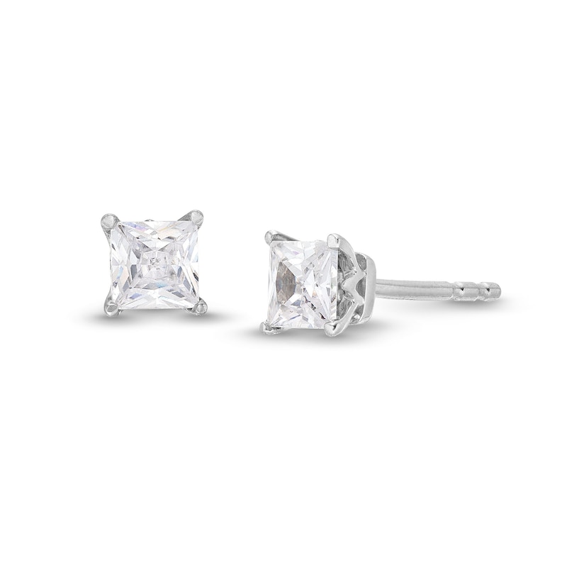 Main Image 1 of Trouvaille Collection 0.50 CT. T.W. DeBeers®-Graded Princess-Cut Diamond Solitaire Stud Earrings in 14K Gold (F/I1)