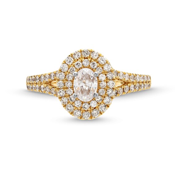 1.00 CT. T.W. Certified Oval Diamond Double Frame Split Shank Engagement Ring in 14K Gold (F/SI2)