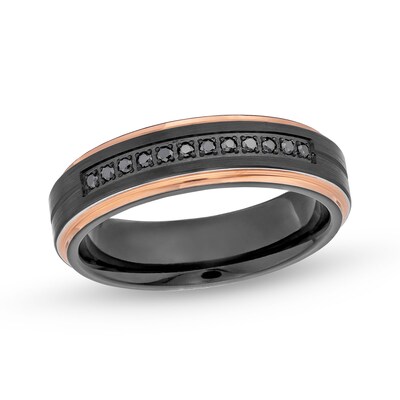 Men's 6.0mm Black Tungsten and 0.12 CT. T.W. Black Diamond Wedding Band with Rose-Tone Ion Plate - Size 10