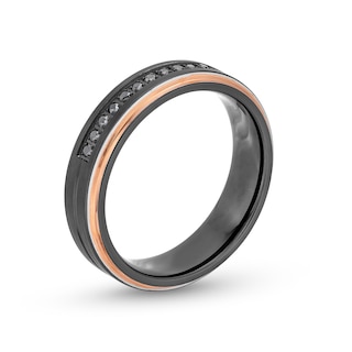 Men's 6.0mm Black Tungsten and 0.12 CT. T.W. Black Diamond Wedding Band with Rose-Tone Ion Plate - Size 10