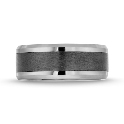 Men's 9.0mm Beveled Edge Wedding Band in Tungsten with Brushed Black Ceramic Inlay - Size 10