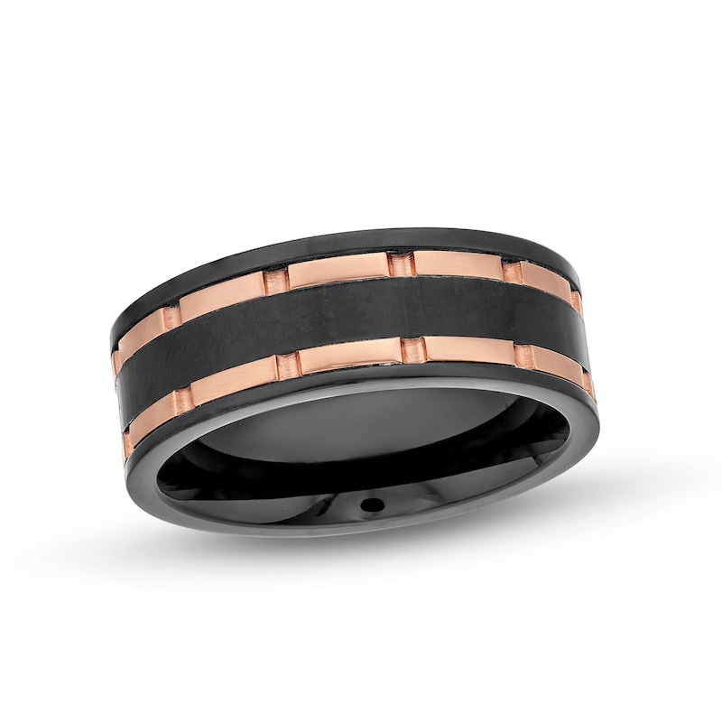 Men's 8.0mm Wedding Band in Black Tungsten and Rose-Tone Ion Plate with Black Carbon Fibre Inset - Size 10|Peoples Jewellers