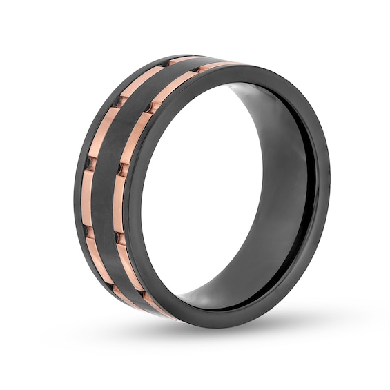 Men's 8.0mm Wedding Band in Black Tungsten and Rose-Tone Ion Plate with Black Carbon Fibre Inset - Size 10