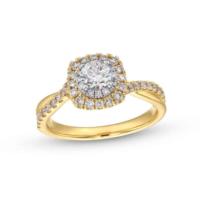 0.90 CT. T.W. GIA-Graded Diamond Cushion Frame Crossover Shank Engagement Ring in 14K Gold (F/SI2)|Peoples Jewellers
