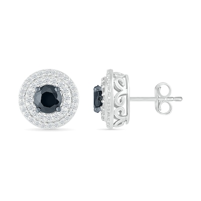 1.00 CT. T.W. Black and White Diamond Double Frame Stud Earrings in 10K White Gold