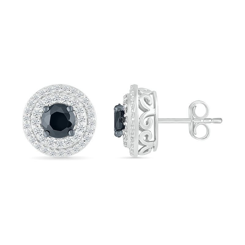 1.00 CT. T.W. Black and White Diamond Double Frame Stud Earrings in 10K White Gold|Peoples Jewellers