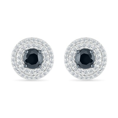 1.00 CT. T.W. Black and White Diamond Double Frame Stud Earrings in 10K White Gold