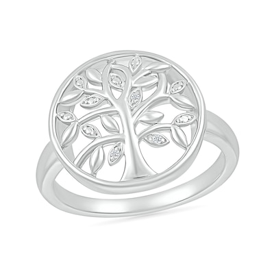 Diamond Accent Tree of Life Circle Ring in Sterling Silver