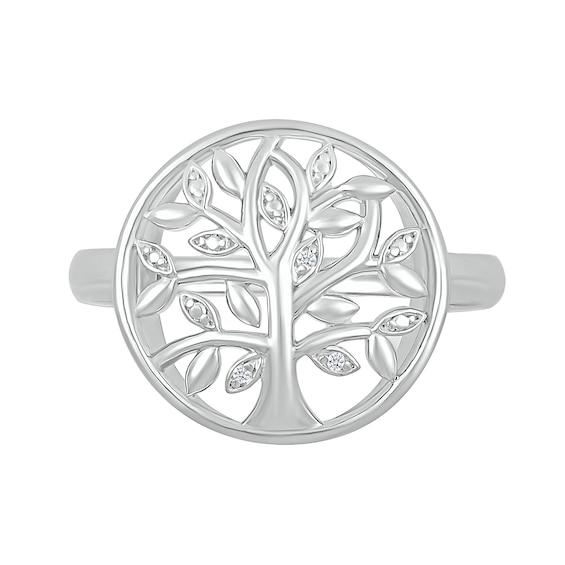 Diamond Accent Tree of Life Circle Ring in Sterling Silver