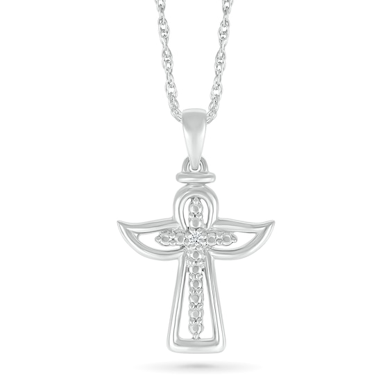 Diamond Accent Cross with Angel Outline Pendant in Sterling Silver