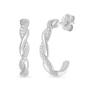 Diamond Accent and Polished Twist J-Hoop Earrings in Sterling Silver