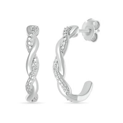 Diamond Accent and Polished Twist J-Hoop Earrings in Sterling Silver