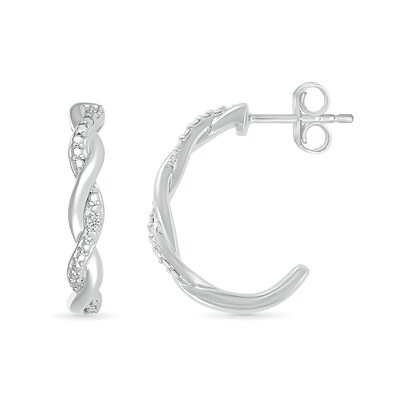 Diamond Accent and Polished Twist J-Hoop Earrings in Sterling Silver