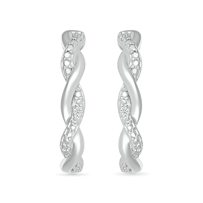 Diamond Accent and Polished Twist J-Hoop Earrings in Sterling Silver