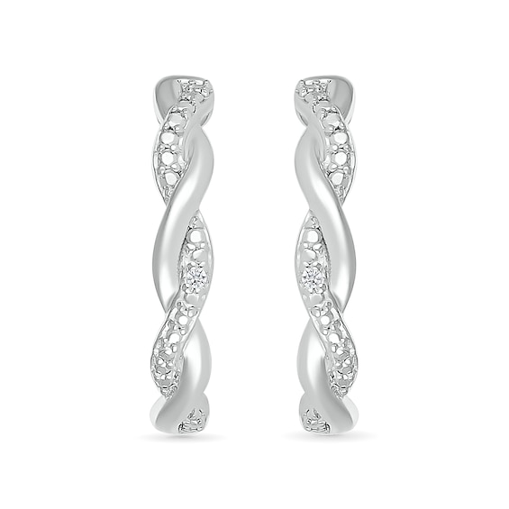 Diamond Accent and Polished Twist J-Hoop Earrings in Sterling Silver