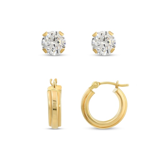 5.0mm Cubic Zirconia Studs and 13.0mm Hoop Earrings Set in 14K Gold