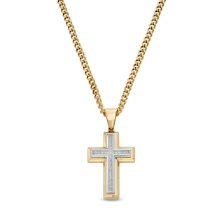 Men's 0.085 CT. T.W. Diamond Cross Pendant in Stainless Steel with Yellow Ion Plate - 24"