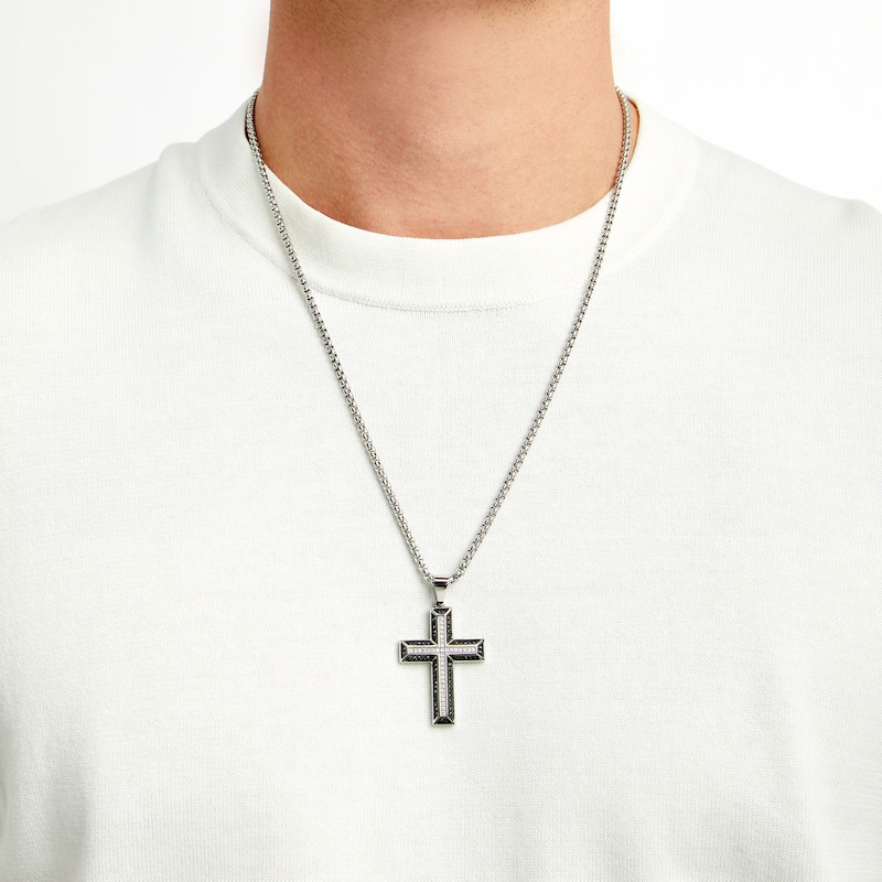0.50 CT. T.W. Black and White Diamond Cross Pendant in Stainless Steel with Black Ion Plate - 24"|Peoples Jewellers