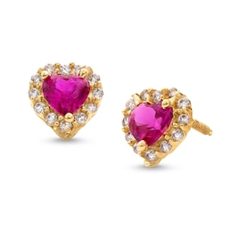 Child's Heart-Shaped Lab-Created Ruby and White Cubic Zirconia Frame Stud Earrings in 14K Gold