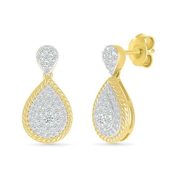 0.50 CT. T.W. Pear-Shaped Multi-Diamond Rope-Textured Frame Drop Earrings in 10K Gold