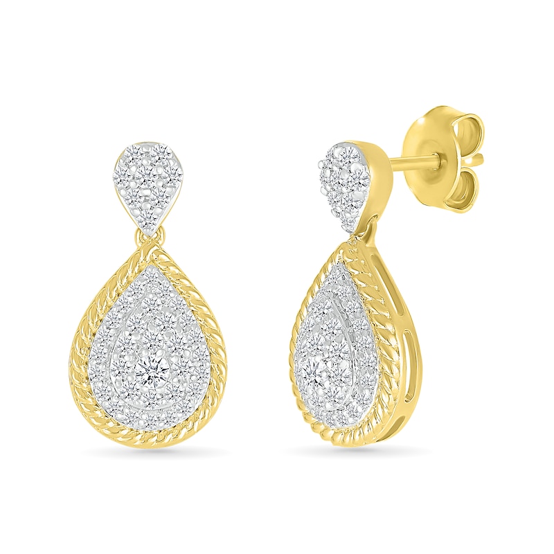 0.50 CT. T.W. Pear-Shaped Multi-Diamond Rope-Textured Frame Drop Earrings in 10K Gold|Peoples Jewellers