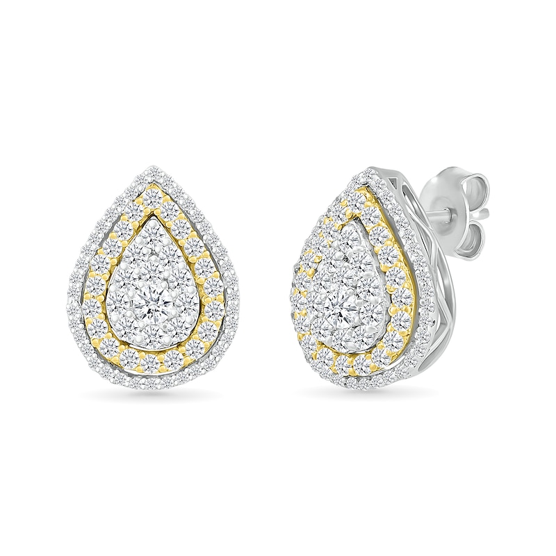 1.00 CT. T.W. Pear-Shaped Multi-Diamond Double Frame Stud Earrings in 10K Two-Tone Gold|Peoples Jewellers
