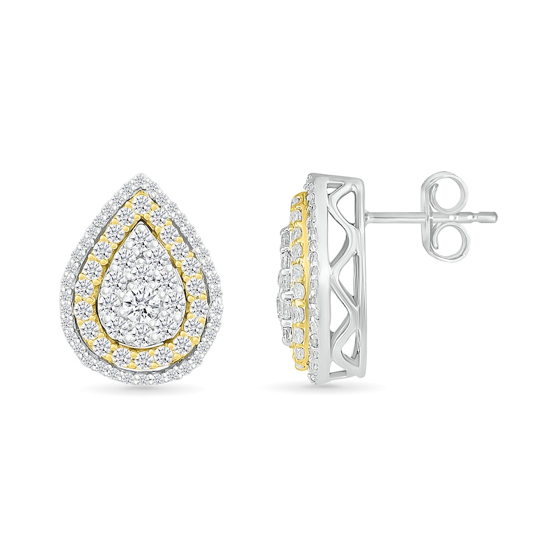 1.00 CT. T.W. Pear-Shaped Multi-Diamond Double Frame Stud Earrings in 10K Two-Tone Gold|Peoples Jewellers