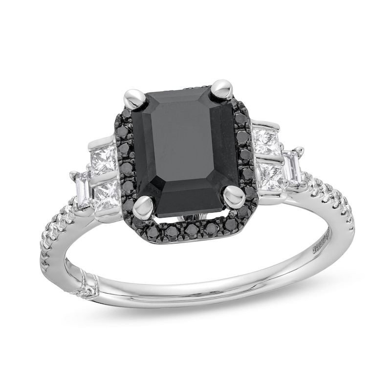 Monique Lhuillier Bliss 2.40 CT. T.W. Emerald-Cut Black and White Diamond Collar Engagement Ring in 14K White Gold|Peoples Jewellers