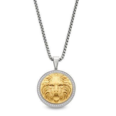 Men's 0.50 CT. T.W. Diamond Lion Medallion in Stainless Steel with Yellow Ion Plate - 24"