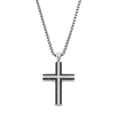 Men's 0.70 CT. T.W. Black and White Diamond Cross in Stainless Steel with Black Ion Plate - 24"