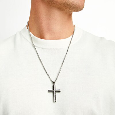 Men's 0.70 CT. T.W. Black and White Diamond Cross in Stainless Steel with Black Ion Plate - 24"