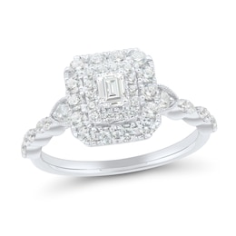 0.69 CT. T.W. Emerald-Cut Diamond Double Frame Scallop Shank Engagement Ring in 14K White Gold