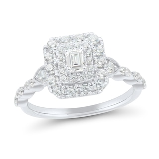 0.69 CT. T.W. Emerald-Cut Diamond Double Frame Scallop Shank Engagement Ring in 14K White Gold