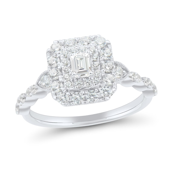 0.69 CT. T.W. Emerald-Cut Diamond Double Frame Scallop Shank Engagement Ring in 14K White Gold