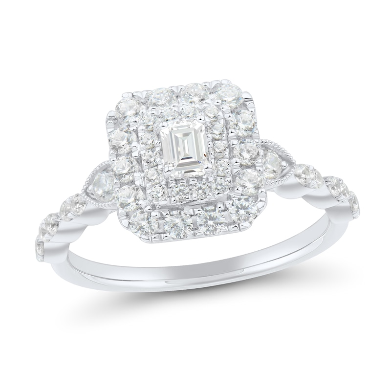 0.69 CT. T.W. Emerald-Cut Diamond Double Frame Scallop Shank Engagement Ring in 14K White Gold|Peoples Jewellers