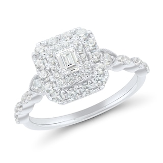 0.69 CT. T.W. Emerald-Cut Diamond Double Frame Scallop Shank Engagement Ring in 14K White Gold