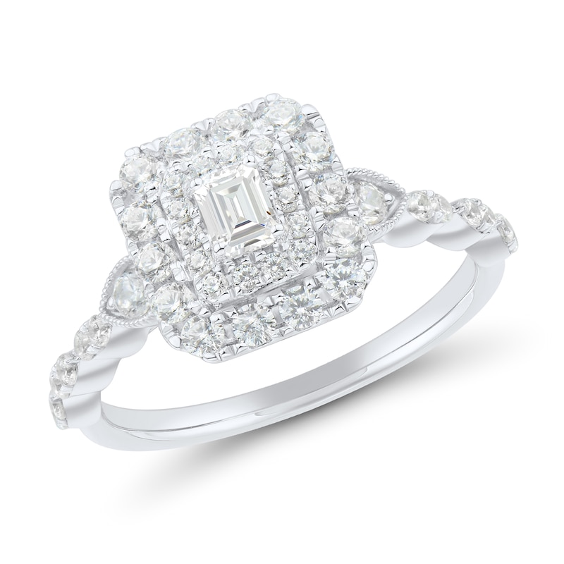 0.69 CT. T.W. Emerald-Cut Diamond Double Frame Scallop Shank Engagement Ring in 14K White Gold|Peoples Jewellers