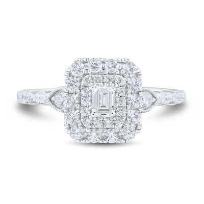 0.69 CT. T.W. Emerald-Cut Diamond Double Frame Scallop Shank Engagement Ring in 14K White Gold