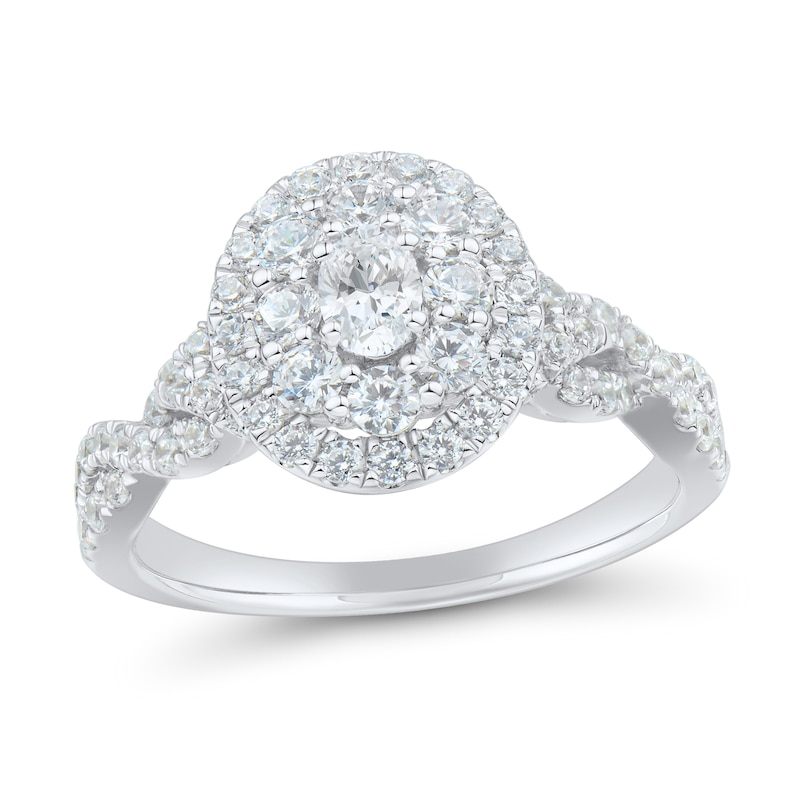 1.23 CT. T.W. Oval Diamond Double Frame Twist Shank Engagement Ring in 14K White Gold|Peoples Jewellers