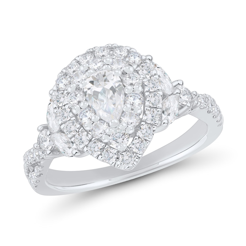 Main Image 2 of 1.45 CT. T.W. Pear-Shaped Diamond Double Frame Leaf-Sides Engagement Ring in 14K White Gold