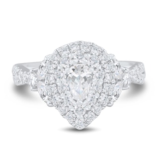 1.45 CT. T.W. Pear-Shaped Diamond Double Frame Leaf-Sides Engagement Ring in 14K White Gold