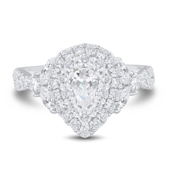 1.45 CT. T.W. Pear-Shaped Diamond Double Frame Leaf-Sides Engagement Ring in 14K White Gold