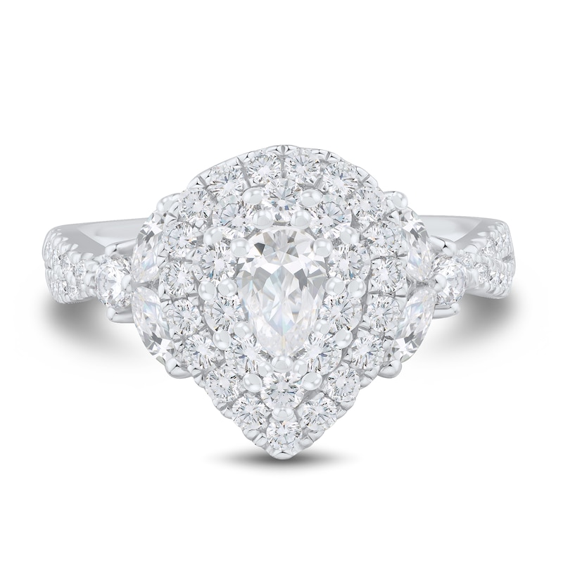 Main Image 3 of 1.45 CT. T.W. Pear-Shaped Diamond Double Frame Leaf-Sides Engagement Ring in 14K White Gold