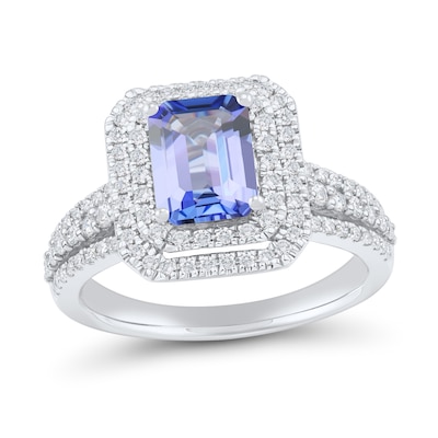 Emerald Tanzanite and 0.58 CT. T.W. Diamond Double Frame Triple Row Engagement Ring in 14K White Gold