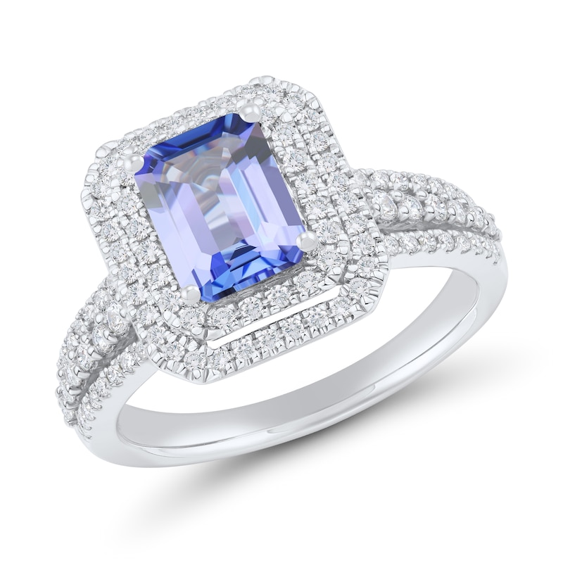 Emerald Tanzanite and 0.58 CT. T.W. Diamond Double Frame Triple Row Engagement Ring in 14K White Gold|Peoples Jewellers