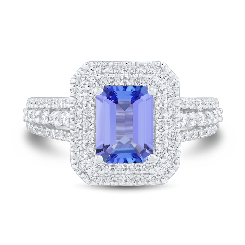 Emerald Tanzanite and 0.58 CT. T.W. Diamond Double Frame Triple Row Engagement Ring in 14K White Gold