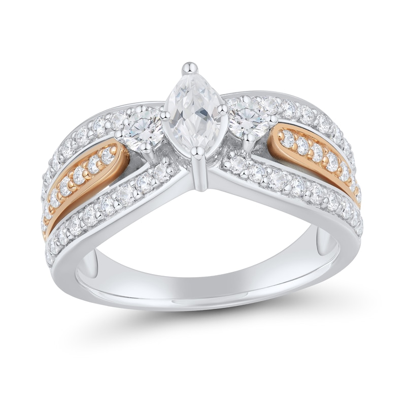 0.95 CT. T.W. Marquise Diamond Multi-Row Open Shank Past Present Future® Engagement Ring in 14K Two-Tone Gold