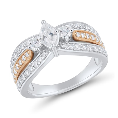 0.95 CT. T.W. Marquise Diamond Multi-Row Open Shank Past Present Future® Engagement Ring in 14K Two-Tone Gold