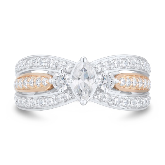 0.95 CT. T.W. Marquise Diamond Multi-Row Open Shank Past Present Future® Engagement Ring in 14K Two-Tone Gold